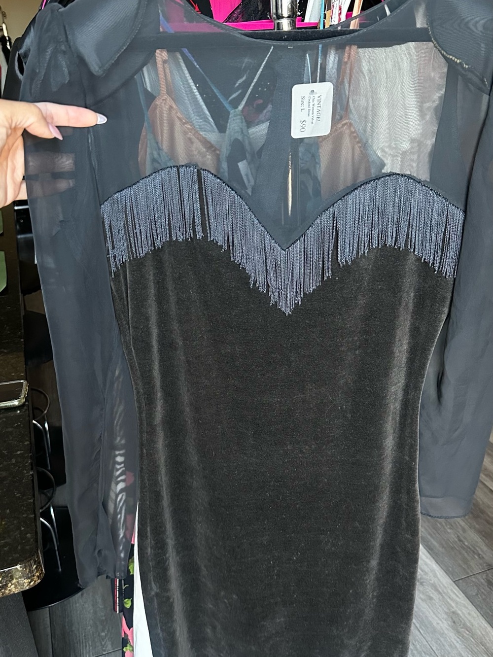 Black Velvet Fringe Sheer Yoke Dress-L